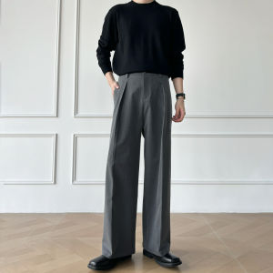 High Quality Mens Fleece Lined Three Needle Pleated a Line Wide Leg Pants Non Fading Color Korean Style Autumn Winter Trousers