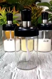 Bộ 3 Lọ gia vị thủy tinh có thìa múc có gioăng silicon giúp gia vị không bị chảy nước KT: 14x7cm