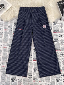 กางเกงขายาวทรงหลวมสไตล์อเมริกันสำหรับฤดูใบไม้ร่วงสำหรับผู้ชายและผู้หญิง กางเกงขายาวทรงขากว้างลายทาง สไตล์สตรีท กางเกงขายาวแบบยาวคลุมเข่า