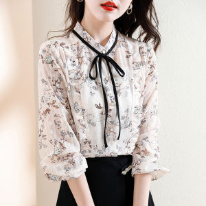 Floral Print Womens Shirt Autumn New Style French Knot Chiffon Top Fashionable Base Layer Loose Fit Long Sleeve round Neck