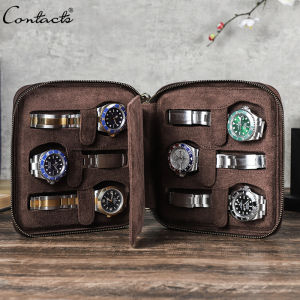 CONTACTS Genuine Leather Vintage Watch Case Watch Holder Zipper Travel Watch Display 2/4/6/8 Slot Storage Box Case