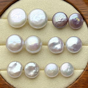 ต่างหูไข่มุกน้ำจืดคุณภาพสูงธรรมชาติ กลวงเงินแท้ S925 ทรงเหรียญ ลูกปัดมันใส หัวเข็มขัดแบบติดหูแบบหนา