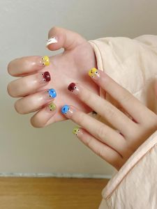 Detachable Cartoon Bug Nail Stickers for Kids Blue Green Cute Wearable Fake Nails Bean Bug Design Easy to Apply And Remove