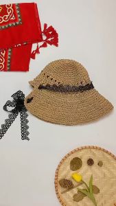 Mũ cói đi biển nữ đẹp mềm Nón che nắng mềm dễ dàng gấp gọn phối dây ren đen màu nâu be thời trang mùa hè - Mã NC035