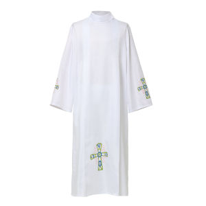 Clergy Alb Church Worship Alb Mass Liturgical Priest Pleated Vestments Robe Stand Collar with Cross Pattern Costume