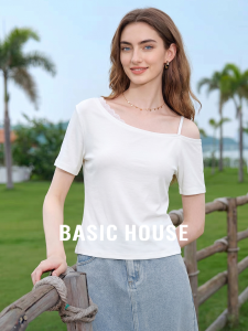 Basic House | White Off-Shoulder Lace Spliced T-shirt