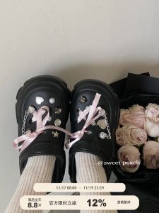 Black Thick Heel Clog Shoes Ballet Style Womens Summer Outdoor Sandals Heightening Anti-slip Slippers round Toe EVA Material