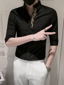 Summer Cropped Sleeves Shirt Mens Clothing Silm Ice Silk Half Sleeve Handsome Fancy Trendy Ins Short Sleeve Flower-Inch Clothes