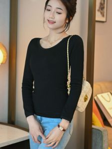 chaqi | Áo thun cổ tròn ren viền dày dặn cho nữ mùa thu đông mới về áo lót giữ nhiệt dài tay ôm vừa vặn