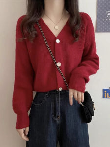 Red V-Neck Woolen Knitted Cardigan Short Thick Long Sleeve Womens Fashion Early Autumn New Style Korean Version Commute Pure Color