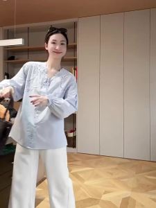 SUSHE | Embroidered Blue Cotton Shirt Shorts Summer Set