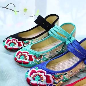 SEPATU WANITA WEDGES - Sol Persegi Tinggi Nyaman Desain Etnik Hanfu HF03