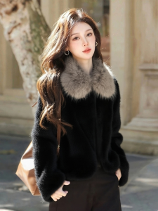 QFN | Fashionable Black Turn-Down Collar Furry Soft Ladies Winter Outerwear Cardi