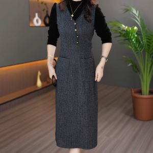 MAIMEI | Elegant Long Sleeve Dress For Women Midlife High Waist A-Line Skirt Polyester Fiber Autumn Season Fashionable Matronly Style