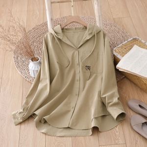 เสื้อแจ็คเก็ตทรงหลวมสไตล์ลำลองสำหรับผู้หญิง ฤดูใบไม้ผลิ 2025 พร้อมฮู้ด ปักลาย คอตตอนแท้ แขนยาว ปกตั้ง