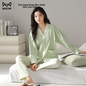 Váy ngủ nữ MiiOW Cat Person làm bằng vải cotton dài tay có áo khoác phong cách nhẹ nhàng