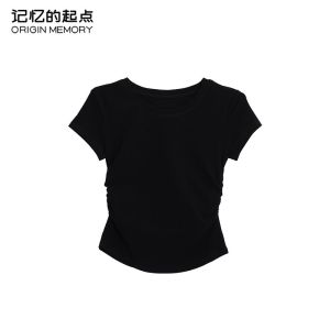 เสื้อยืดแขนสั้นทรงสลิมฟิตสำหรับผู้หญิง คอลเลกชั่นฤดูร้อน 2024 ดีไซน์กระโปรงสั้น คอตั้ง เสื้อตัวบนสีพื้น ผ้าฝ้ายผสมโพลีเอสเตอร์