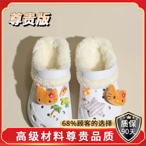 รองเท้าแตะแบบมีรูบุขนแกะหนาสำหรับฤดูหนาวสำหรับผู้หญิง รองเท้าแตะแบบมีรูแบบถอดได้ ส้นสูง รองเท้าแตะแบบสวมสบาย สีดำ น่ารัก สำหรับใส่กลางแจ้งในฤดูหนาว