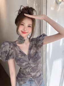 YANMANFENGQING | Floral Mesh Lace Velvet V-Neck Puffed Sleeve Blouse for Women