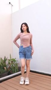 PROMO 5.5 Atasan Wanita Crop Top Kerut Lengan Panjang 6036