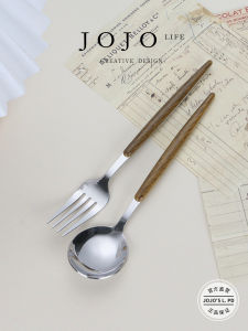 Simple Stainless Steel Fork Spoon Set with Wooden Handle Vintage Western Dining Utensils JOJOS L. PD Thining Elegant Gift