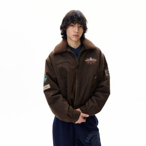 WLNEXT | Áo Khoác Aviator Phong Cách Hoa Kỳ Cổ Lông Fleece