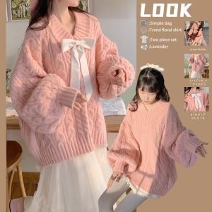 This Years Popular Soft Glutinous Loose and Lazy Style Pink V-neck Bows Sweater Female Autumn and Winter Fancy Knitwear