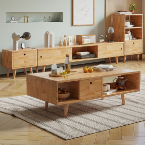 Solid Wood TV Cabinet Living Room Home Use Tea Table Integrated Storage Furniture Small Apartment Friendly Rubber Wood