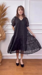 Mihar Store: Dress Brukat Wanita Kondangan Lengan Pendek Balon Mekar Berundak