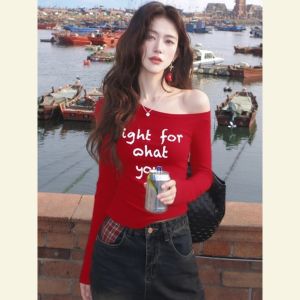 Unique Beautiful Red Shoulder T-Shirt Letter Design Autumn Winter High Waist Style Korean Fashion Anti-Aging Elegant Ladies Top
