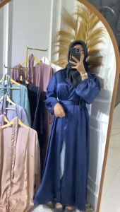 MISYELIA long outer kasual abaya shimmer silk free belt model lengan balon