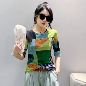 REHIN Autumn New Stylish Slim Mesh Color Block Print Round Neck 3/4 Sleeve T-Shirt Elegant S-3XL Womens Top