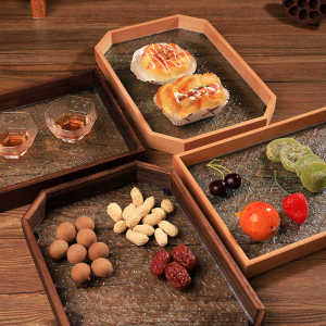 Retro Chinese Style Hibiscus Glass Wooden Tray Tea Set Storage Plate Commercial Decor Restaurant Bed And Breakfast Tray