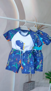 Childrens Swimwear Rashguard Set for Boys Fashion Cap Tops + Short Set Dri-Fit Dinosaur Print Design 3in1 Swimming Costume for Kids Boys