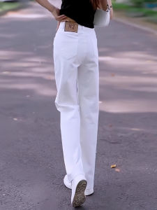 กางเกงขายาวทรงหลวมเอวสูงสีขาว กางเกงขายาวทรงตรงลำลองสำหรับผู้หญิง ฤดูร้อน 2025 กางเกงขายาวทรงหลวมสีชมพู ทรงหลวม ทรงหลวม ทรงหลวม