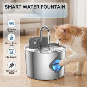 Smart Cordless Cat Water Fountain with 304 Stainless Steel 2.2L Capacity Pet Water Dispenser Automatic Feeder for Cats And Do