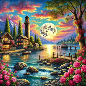 Huacan Diamond Painting New House Rose Flower Moon Landscape Full Round Square Diamond Mosaic Home Bedroom Wall Artwork