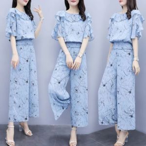 GanLai Summer New Women 2PCS Set Women Chiffon Two Piece Overpants Loose Flower Top Wide Leg Pants Casual Fashion Set Breathable and Cool Women Set