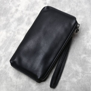 Mens High-End Genuine Leather Long Wallet with Zipper Retro Style Pure Color Top Layer Cowhide Mobile Phone Wallet Trendy