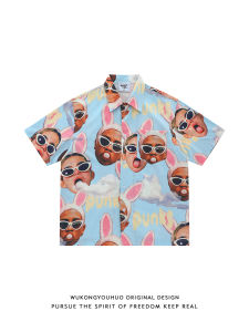 Wukong Goods Trendy American Niche Style Short-Sleeved Shirt Mens Summer Loose Couple Hiphop Couple Shirt Outwear