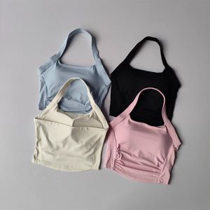 Womens Hanging Neck Sports Bra Shock-Absorbing Fitness Gathered Backless Yoga Vest for Running Training Pilates Sports Top