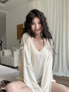 Loose Long Sleeve U-Neck T-Shirt Women Summer Butterfly Knot Slimming Sunshade Shirt Lazy Loose Sensation Top Spring Autumn