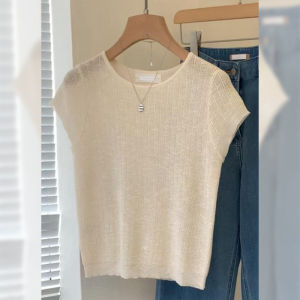 PAIBOLI | Summer New Korean Style Soft Beige Knitted Top Womens Thin Linen Sleeveless Shirt Ultra Beautiful Fashion Casual Wear