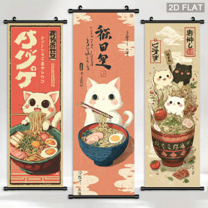 VIKAMA Cute Kitten Ramen Tri-Panel Scroll Tapestry Japanese Anime Wall Art for Bedroom Aesthetic Room Decoration for Girls