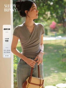 Gray Cross V-neck Short Sleeve Slim Fit Waist-cinching T-shirt Women Summer Casual Style Knitted Regency Viscose Lycra Blend