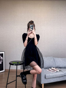 Elegant Black A-Line Mini Dress French Hepburn Style Summer New Arrival Womens Clothing Polyester Fabric round Neck Short Sleeve