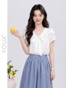 YOUXIANG | Áo Thun Đa Năng Kiểu Pháp Cổ V Tay Sơ Mi Hoa