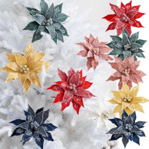 High Quality Artificial Christmas Flower 26cm Velvet Cloth with Glitter Powder Fake Large Flower Head Xmas New Year Home Decors