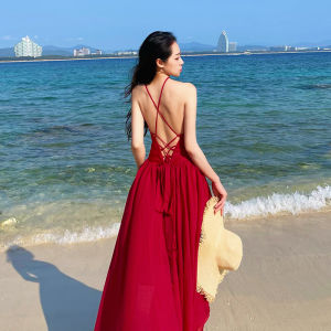 Sanya Holiday Red Backless Beach Long Dress Photography Clothes Bohemian Style Strapless Skirt Summer Season Polyester Fiber