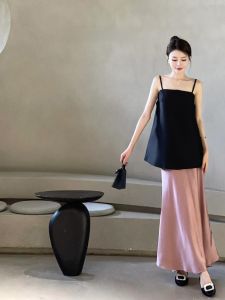 Elegant Black Pink Set Backless Loose Strap Top Women plus Pink Satin Half-length Skirt A-line Long Dress Fashionable Womens Outfit
